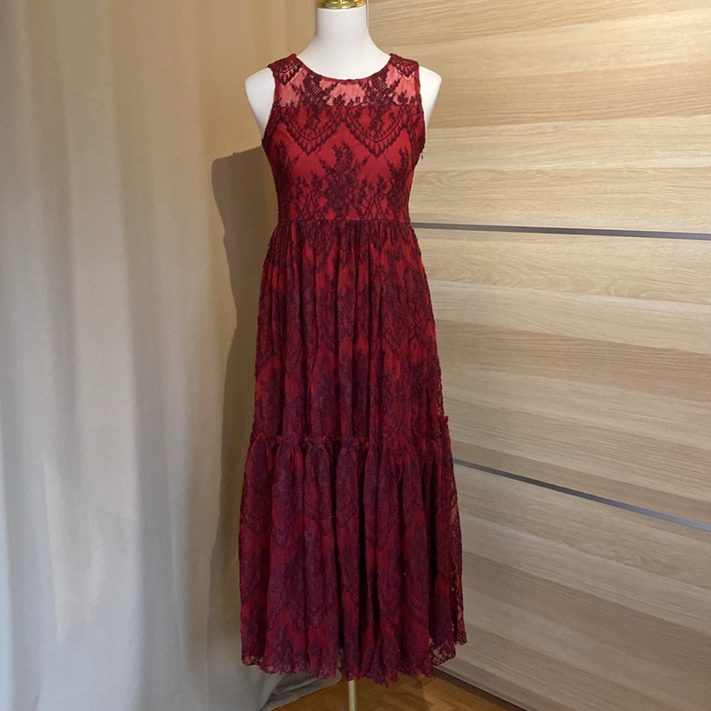 Mia Joy Burgundy & Black Lace Midi Dress – Tailored to Fit Size 4